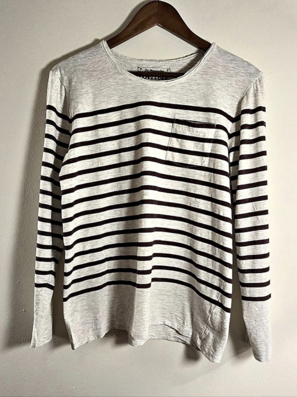 Bizzbee "La Mariniere" Gray & Brown Striped Long Sleeve Pocket Tee Size M